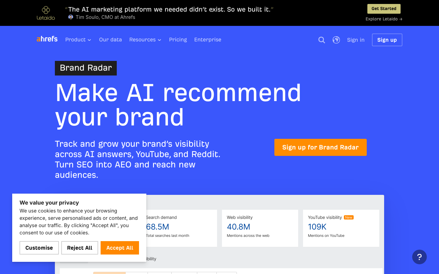Ahrefs Brand Radar の公式ページ